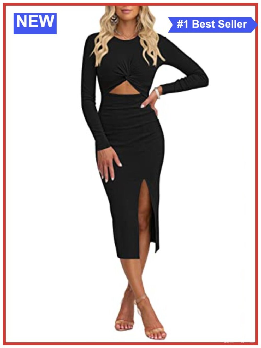 Pink Queen Women's Crew Neck Long Sleeve Midi Dress Cutout Twist Front Bodycon